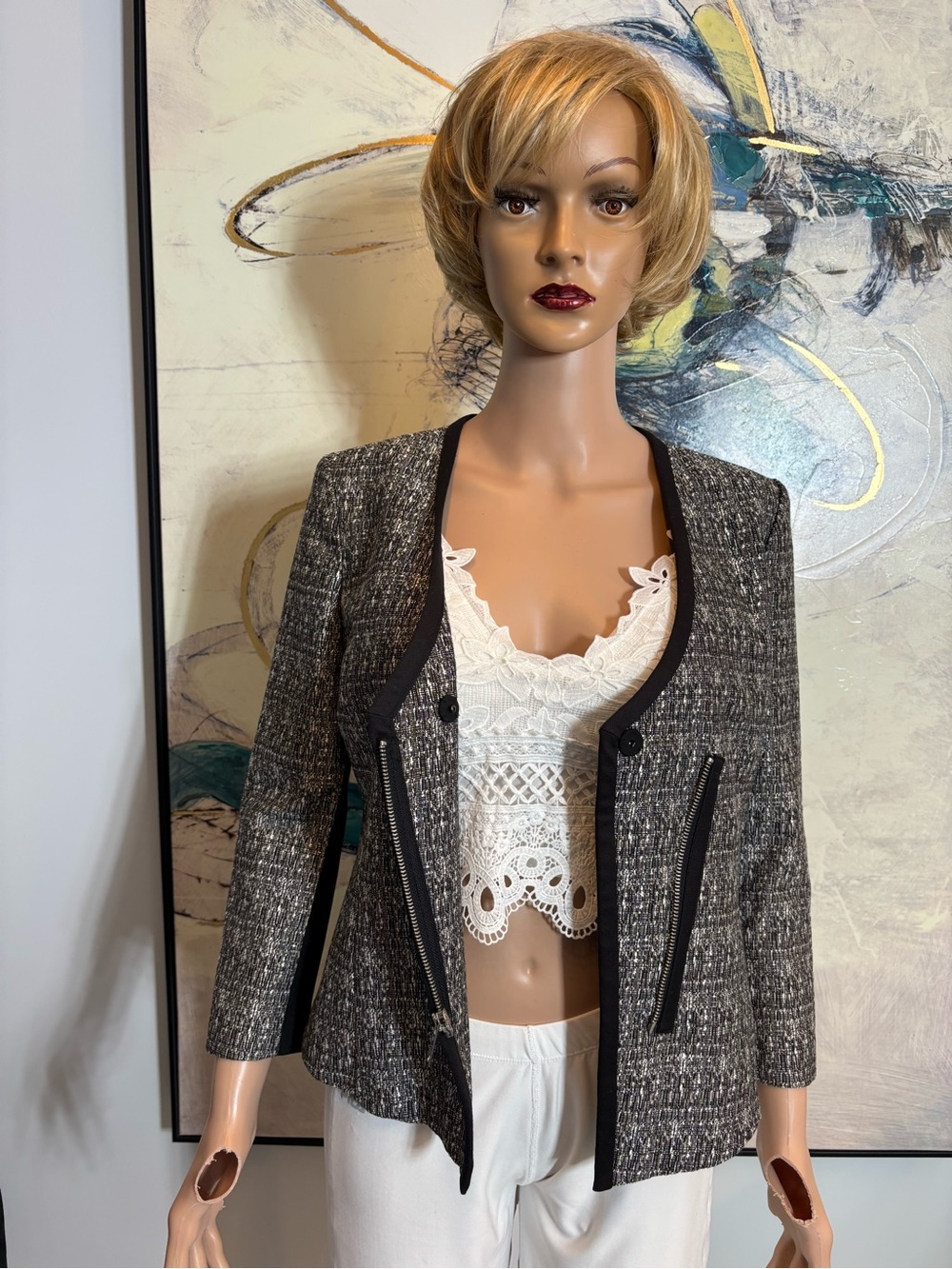 DKNYC Gray Tweed Zip-Front Blazer with Black Trim - Picture 10 of 14